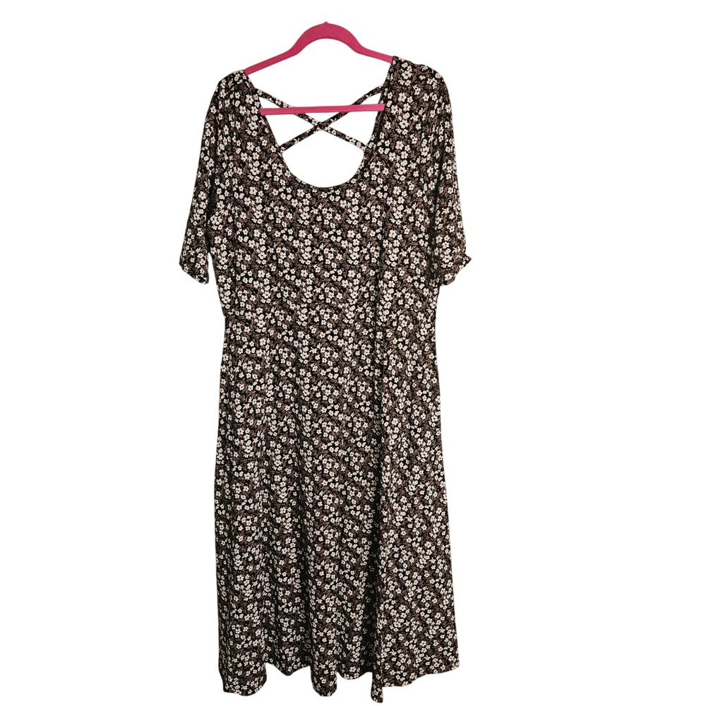 Pact Organic Cotton Floral Midi Dress XXXL Brown White Strappy Back Fit & Flare